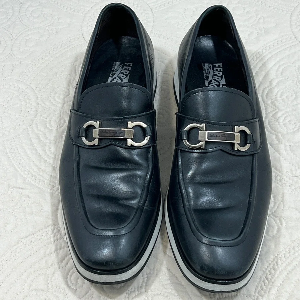 Salvatore Ferragamo Mens Black Gancini Bit Loafer White Platform Italy 10.5
